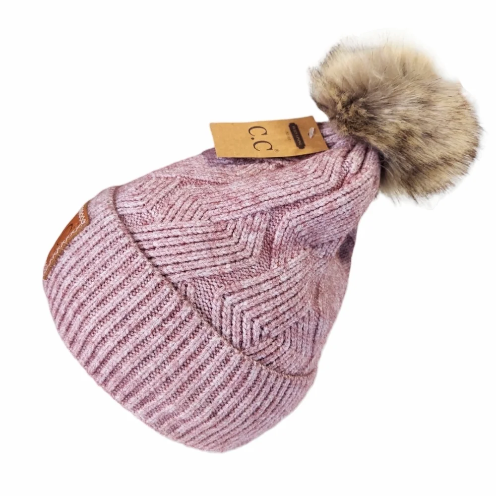 Braided Winter Hat Womens Mauve Knit Beanie Stretch Faux Fur Pom